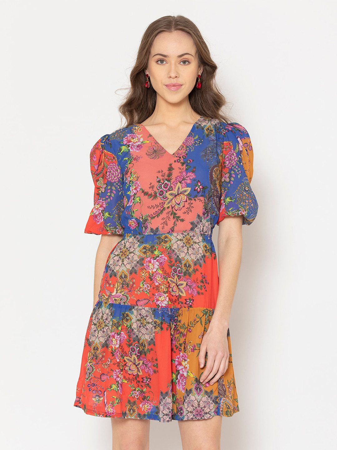 

SHAYE Blue & Red Floral Georgette A-Line Dress