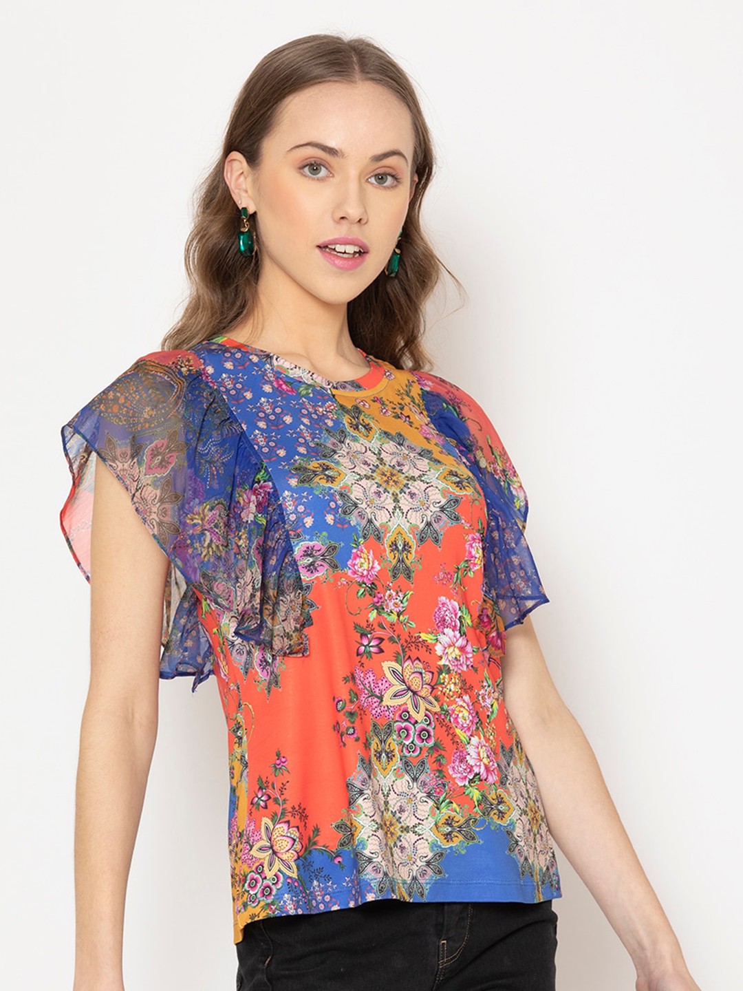 

SHAYE Blue Floral Print Top