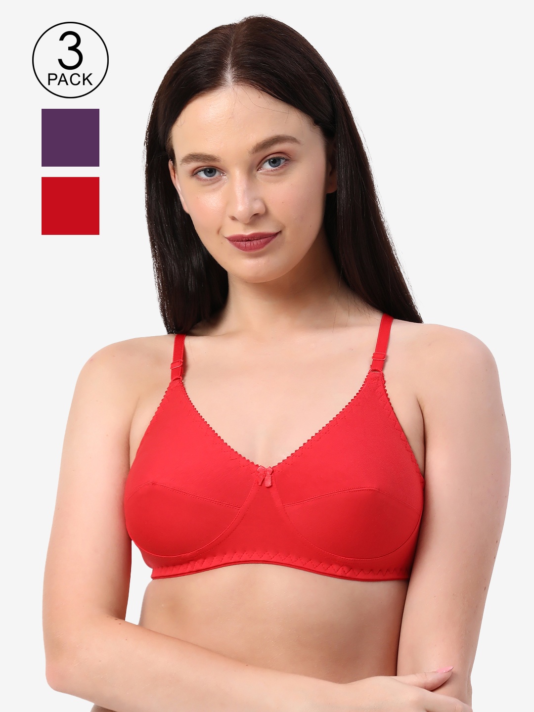 

Planetinner Pack of 3 Non Padded Non Wired Medium Coverage Cotton Everday Bras H41-C3, Red