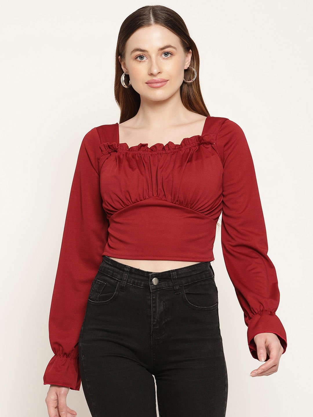 

Miaz Lifestyle Women Maroon Solid Cinched Waist Crop Top