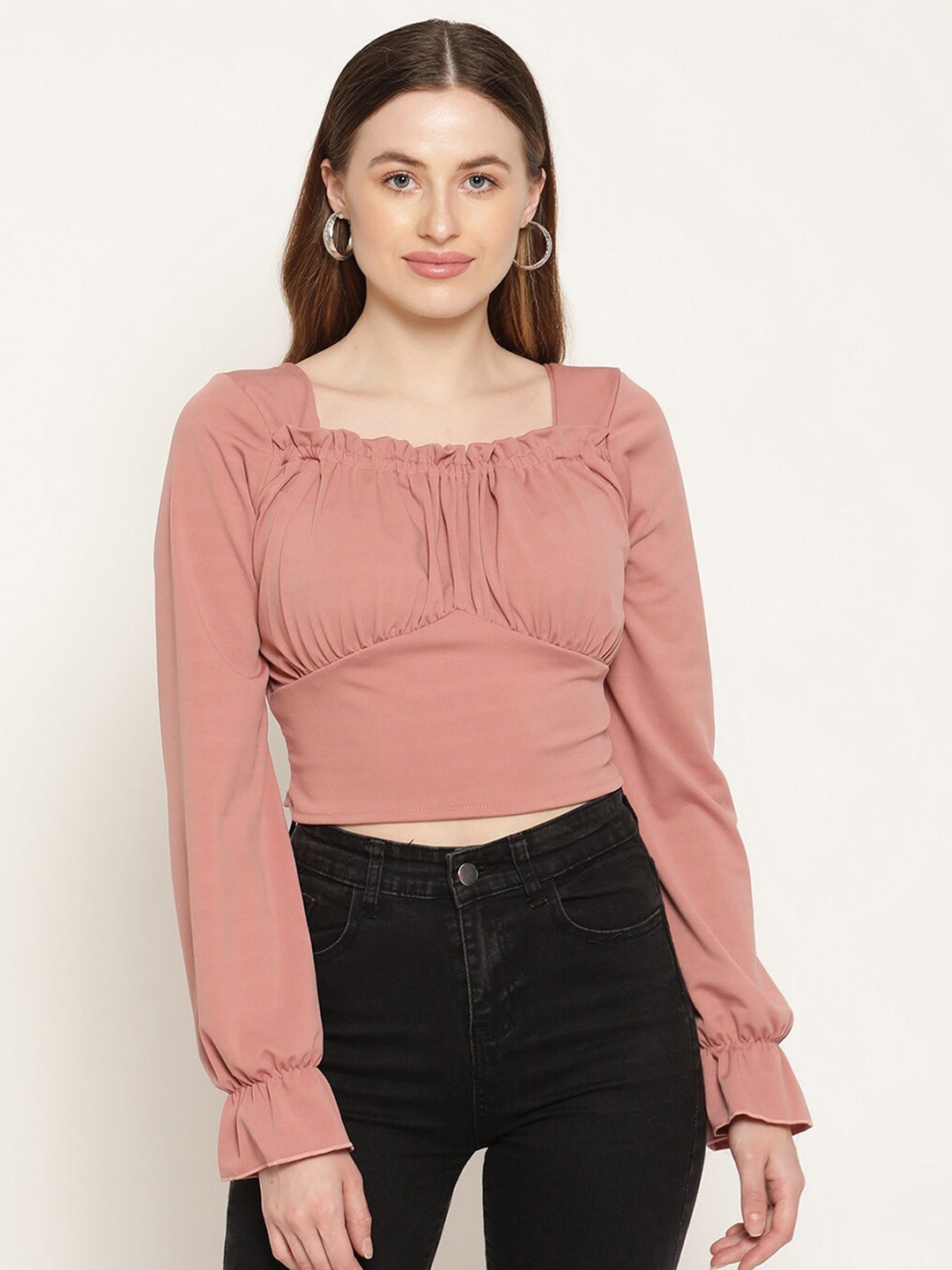 

Miaz Lifestyle Women Peach Solid Cinched Waist Crop Top