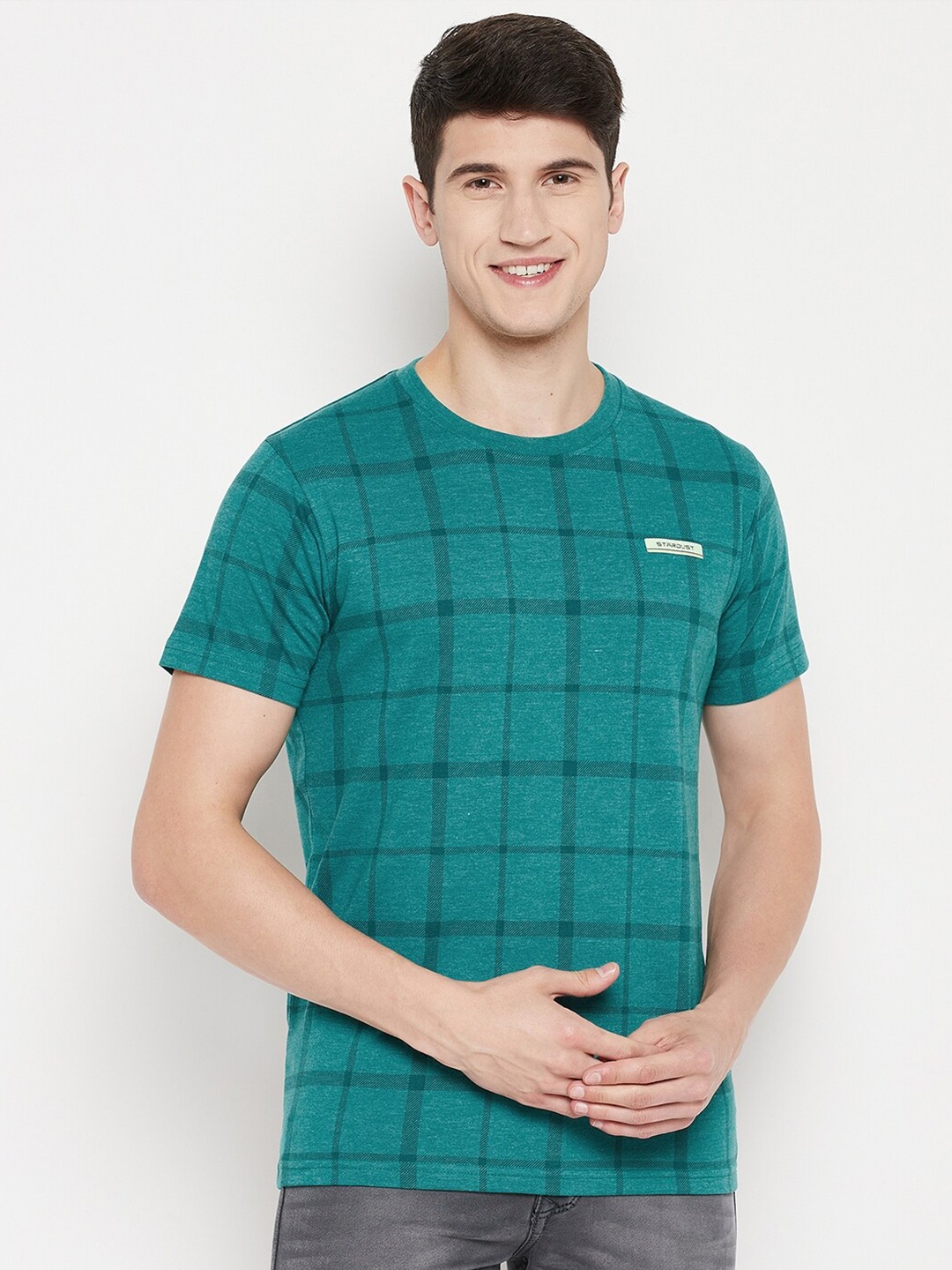 

Duke Men Sea Green Checked Slim Fit T-shirt