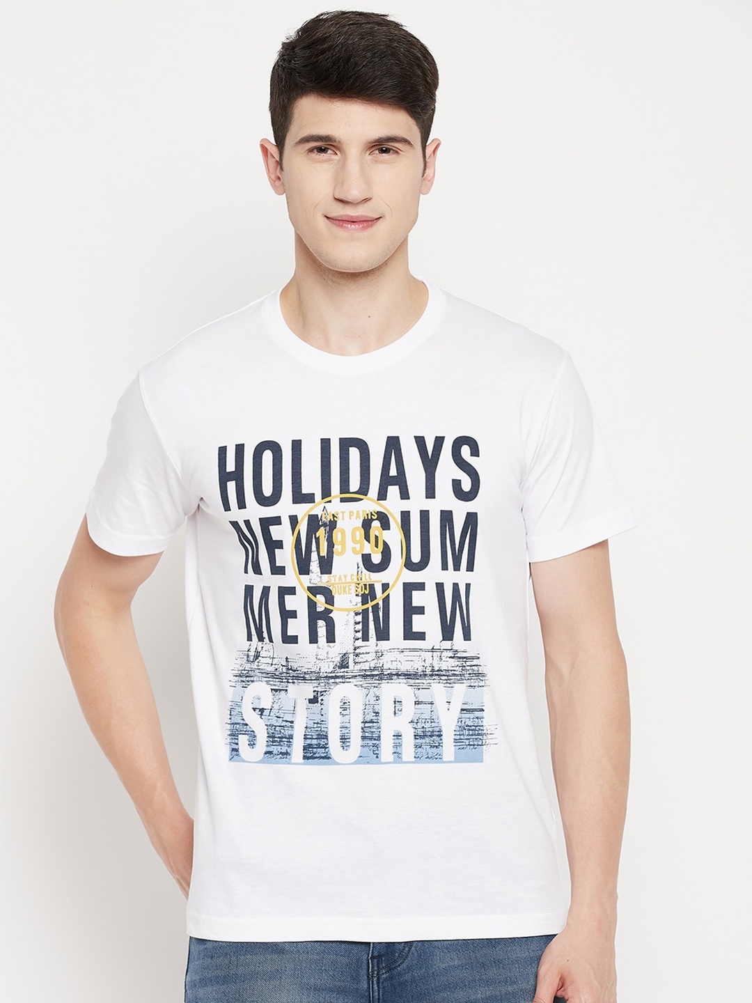 

Duke Men White Typography Printed Slim Fit Cotton T-shirt