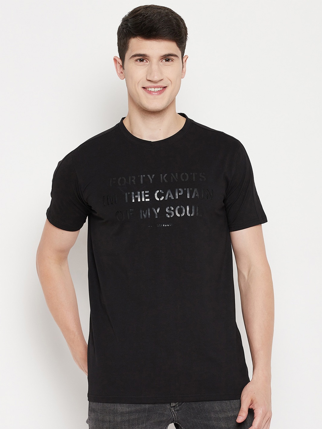 

Duke Men Black & White Typography Printed Cotton Slim Fit T-shirt