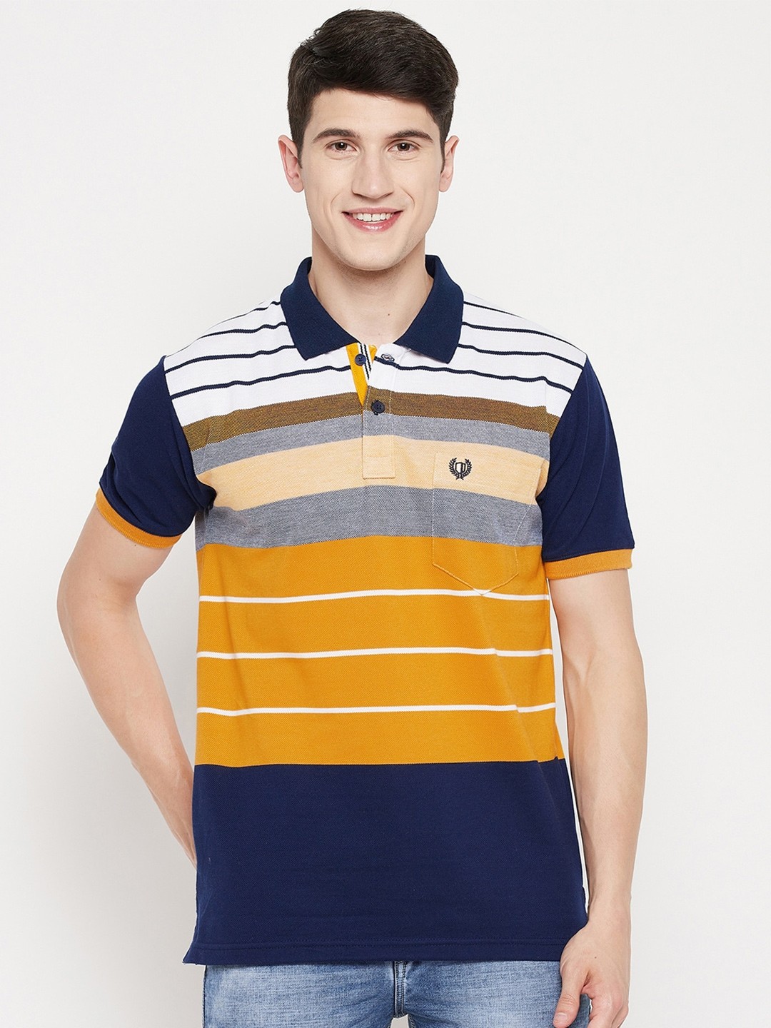 

Duke Men Yellow Striped Polo Collar Cotton T-shirt