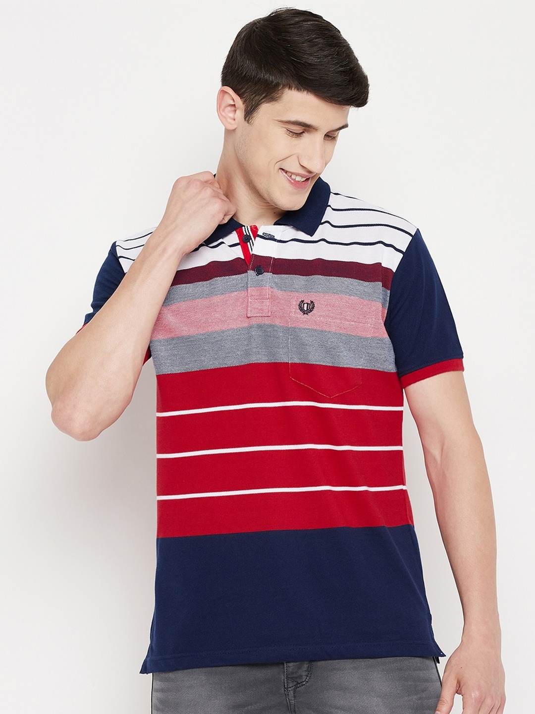 

Duke Men Red & Blue Striped Polo Collar T-shirt