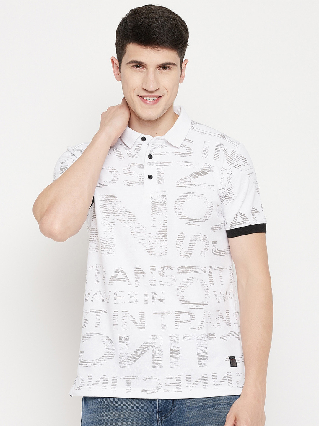 

Duke Men White Typography Printed Polo Collar Slim Fit Cotton T-shirt