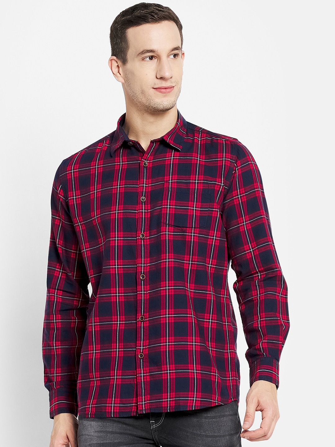 

METTLE Men Red & Blue Checked Regular Fit Cotton Casual Shirt