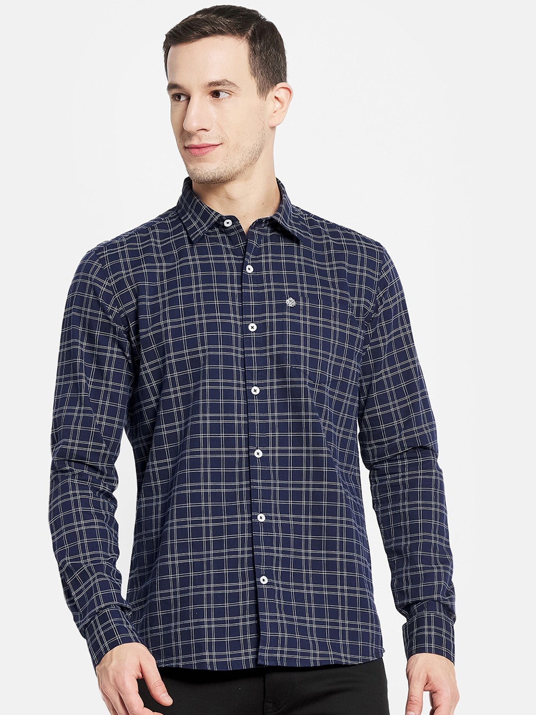 

METTLE Men Navy Blue & White Checked Cotton Casual Shirt