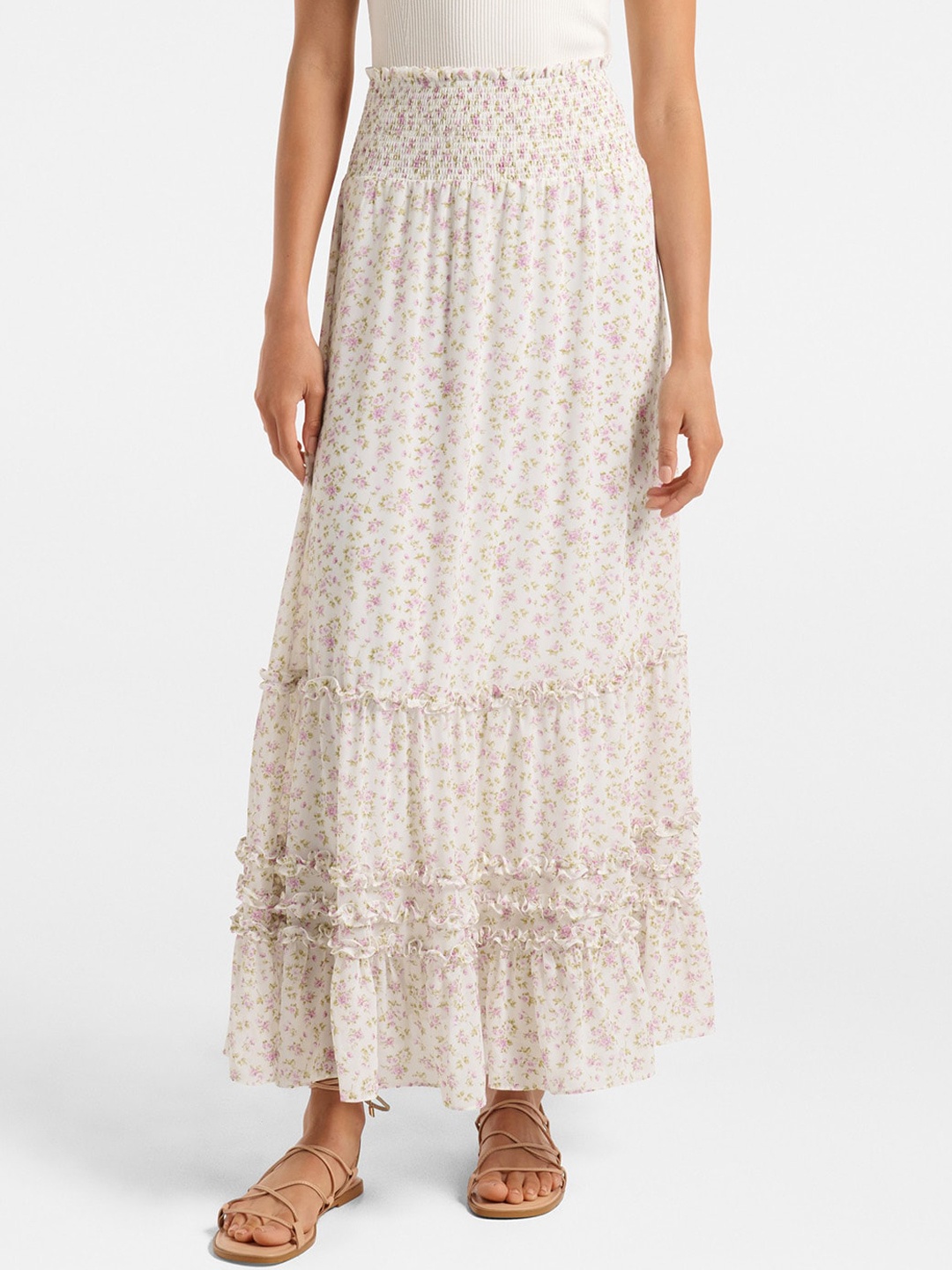 

Forever New Women White & Pink Floral Printed Flared Ruffled Maxi Skirt