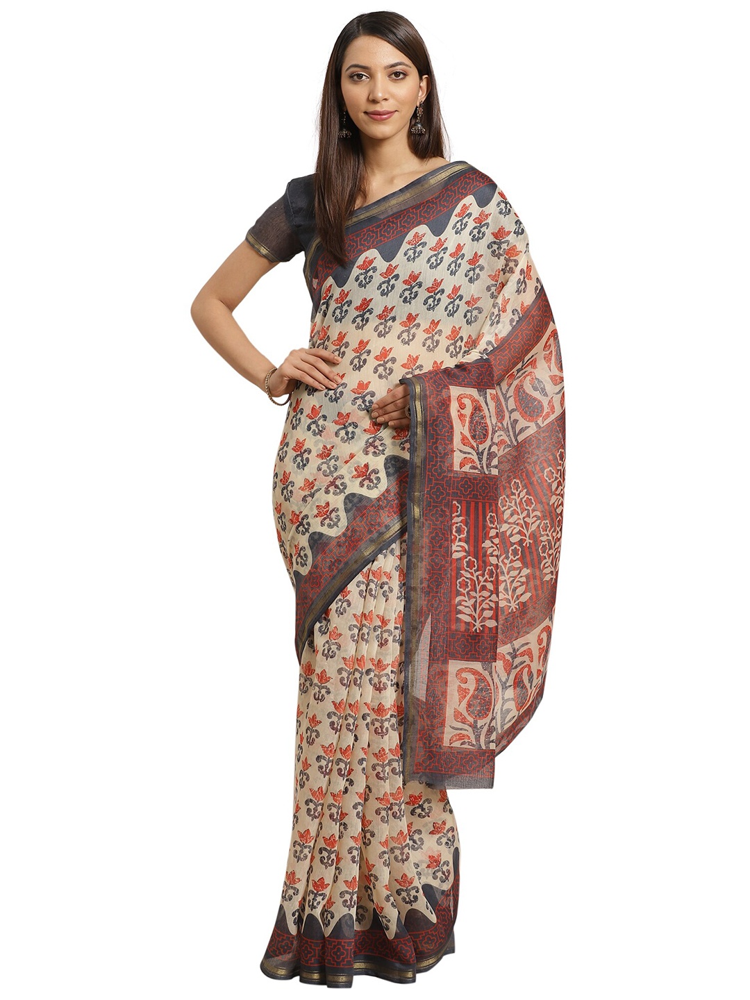

KALINI Beige & Red Floral Zari Silk Blend Saree