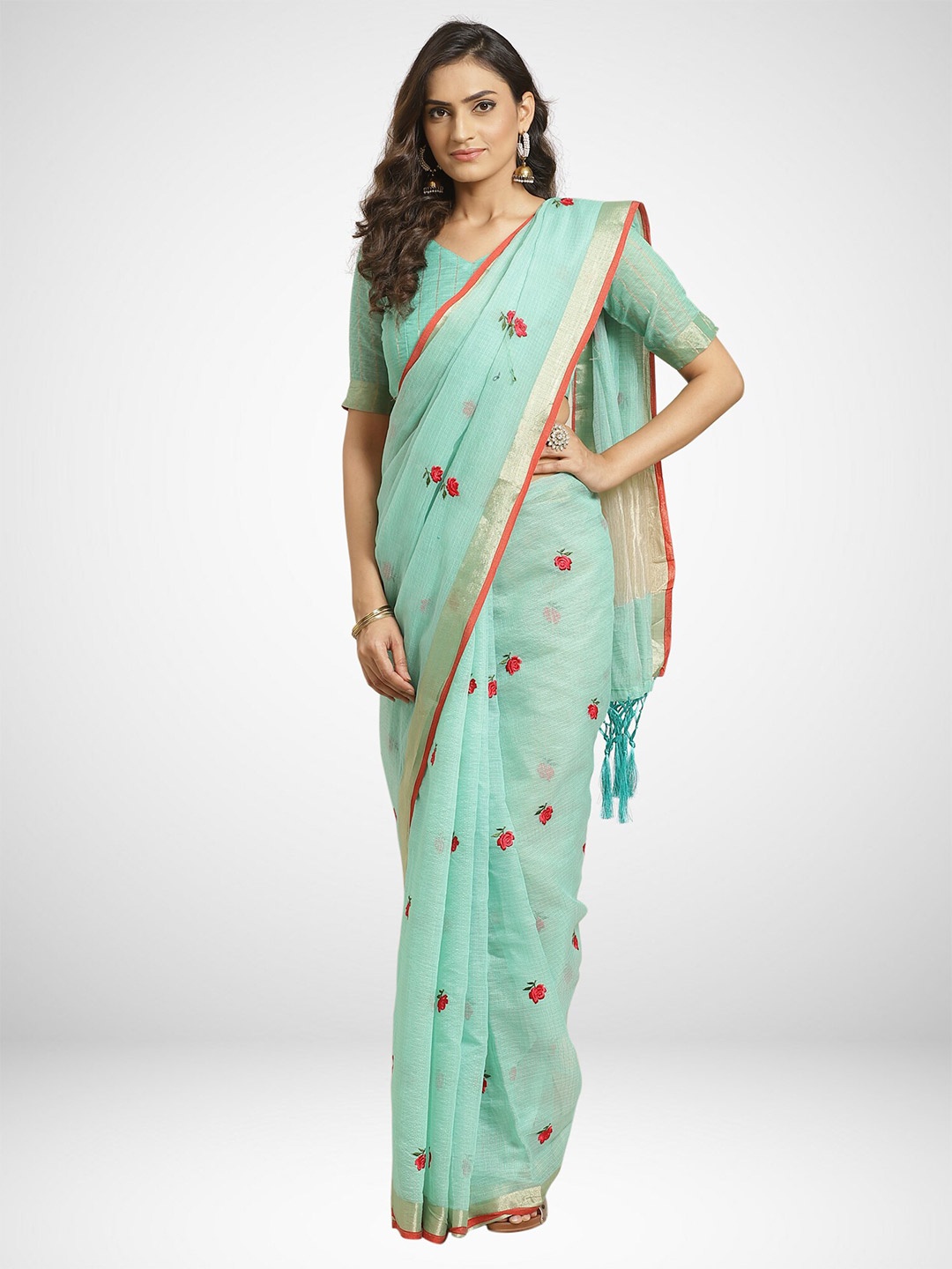 

KALINI Green Art Silk Ethnic Solid Casual Saree