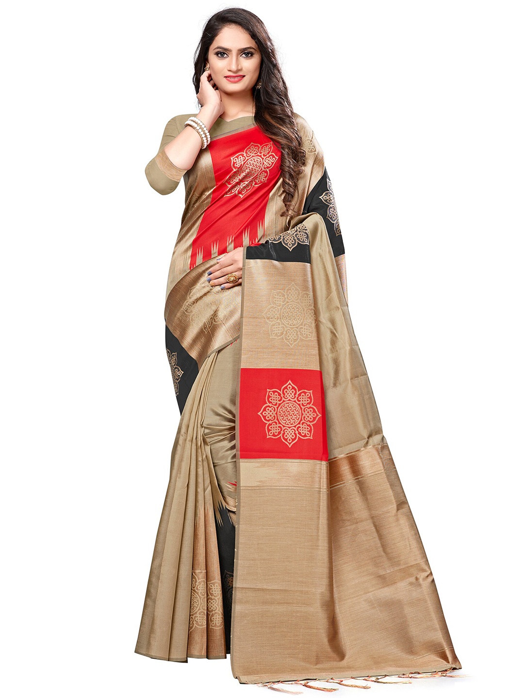 

KALINI Beige & Red Ethnic Motifs Silk Blend Saree