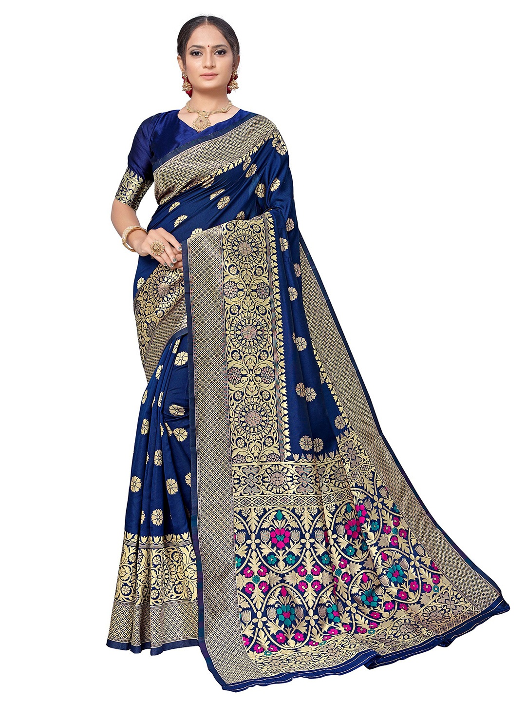 

KALINI Navy Blue & Golden Ethnic Motifs Zari Silk Blend Banarasi Saree