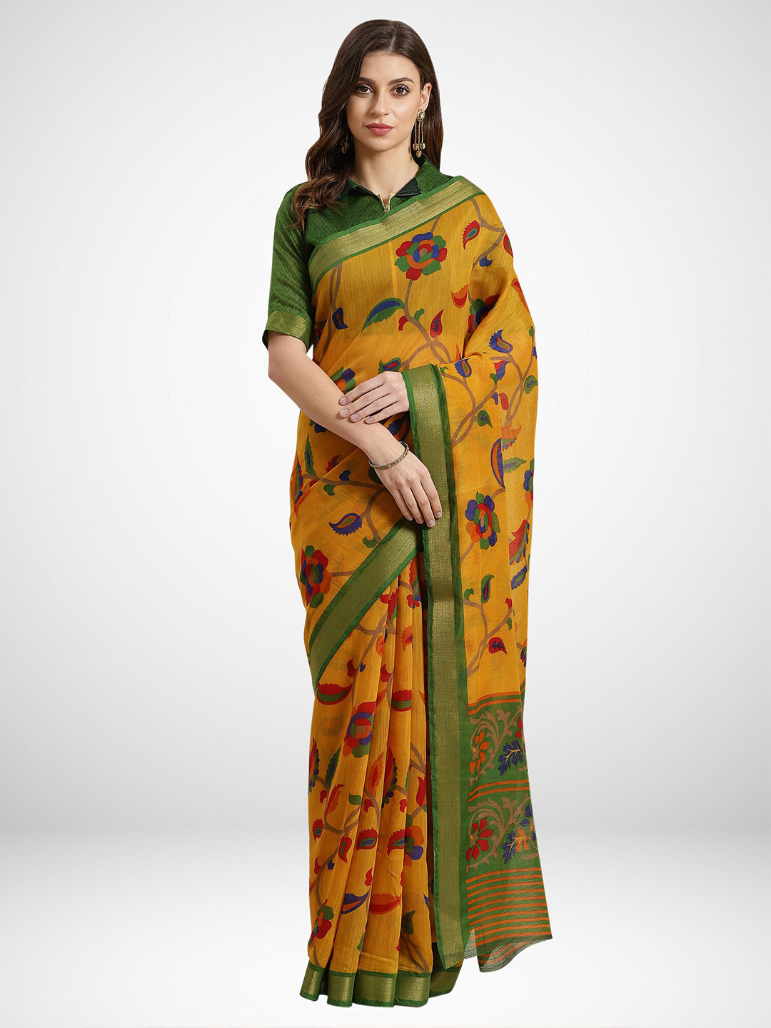 

KALINI Mustard & Green Floral Zari Silk Cotton Saree