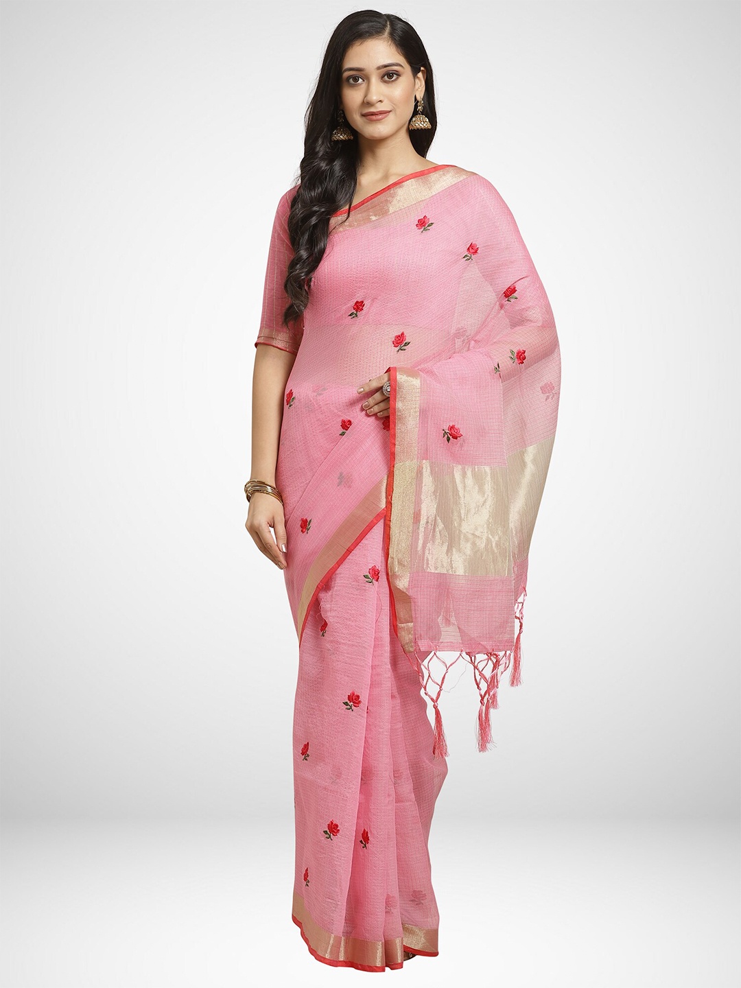 

KALINI Pink & Red Floral Art Silk Saree
