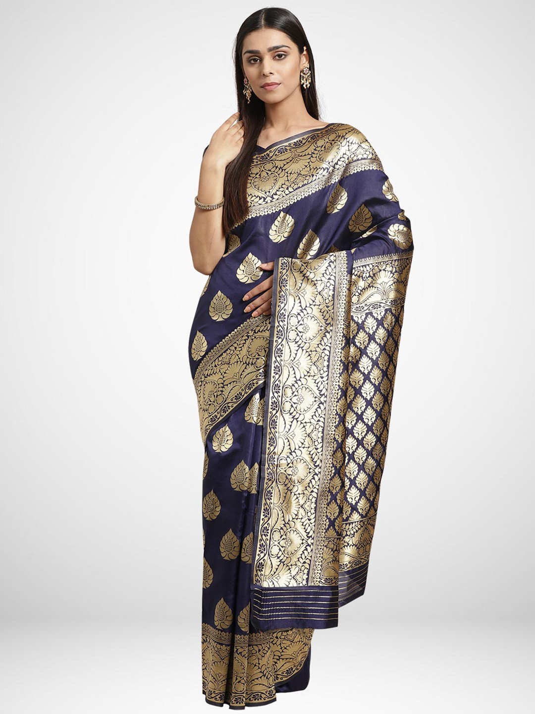 

KALINI Navy Blue & Gold-Toned Woven Design Zari Silk Blend Banarasi Saree