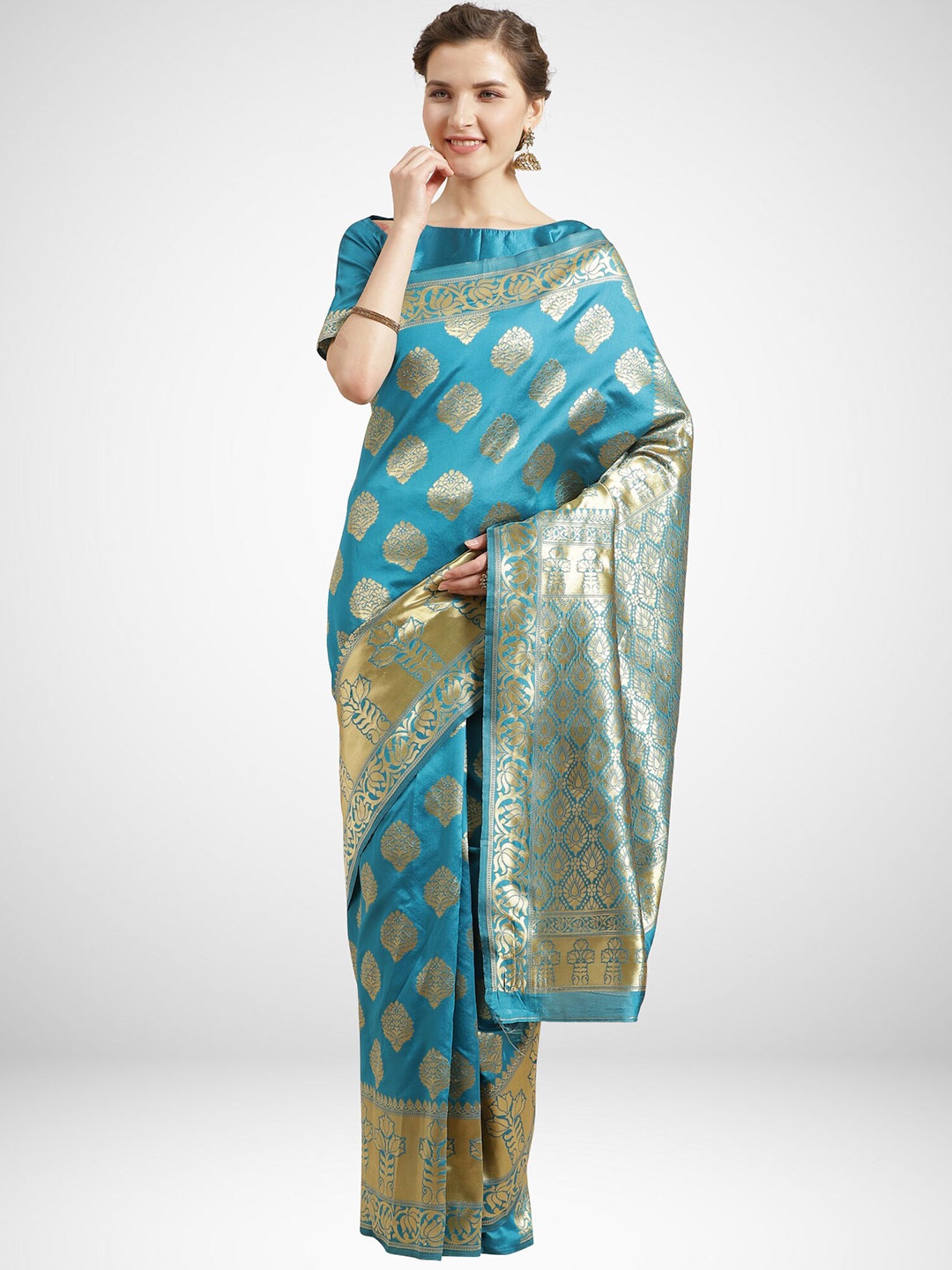

KALINI Blue & Gold-Toned Woven Design Zari Silk Blend Saree