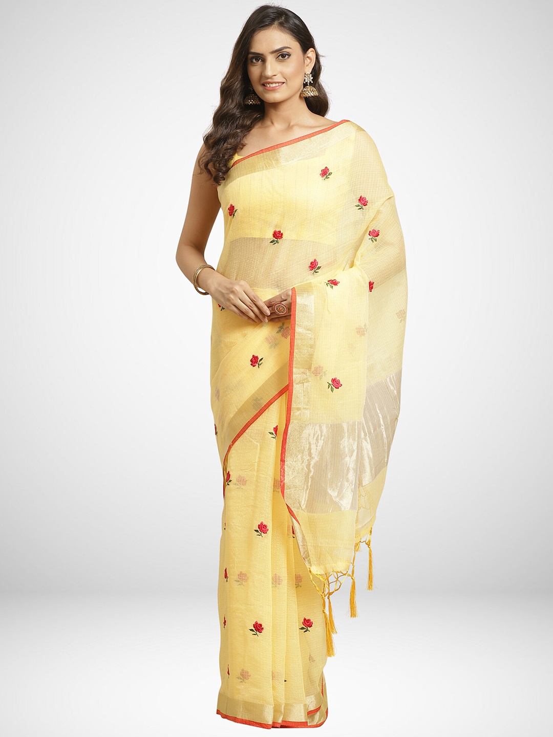 

KALINI Yellow & Red Floral Embroidered Art Silk Saree