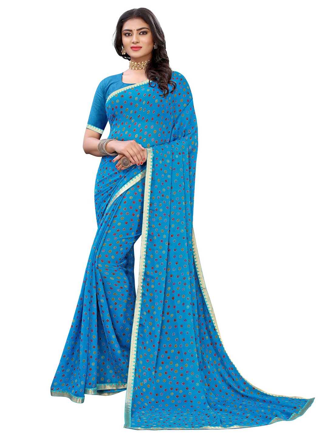 

KALINI Blue & Red Polka Dots Printed Zari Saree