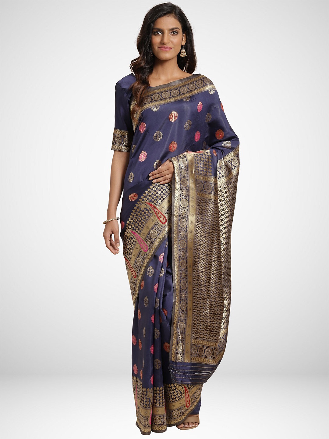 

KALINI Navy Blue & Pink Ethnic Motifs Zari Silk Blend Saree