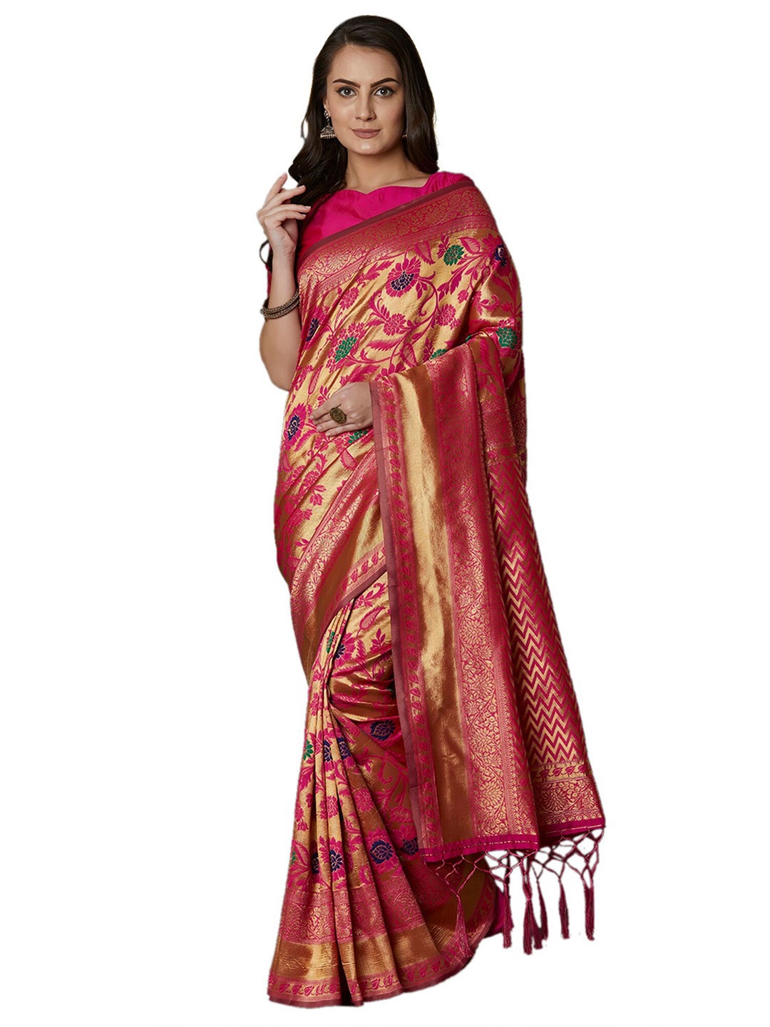 

KALINI Pink & Gold-Toned Floral Woven Design Zari Silk Blend Saree