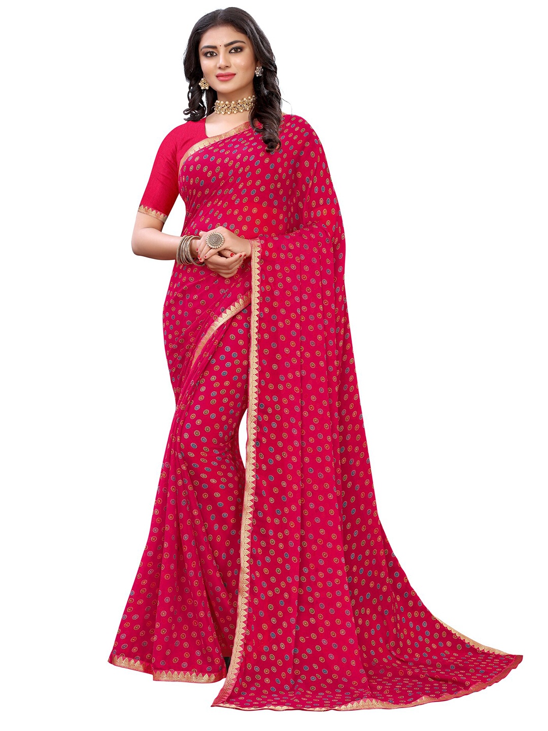 

KALINI Pink & Gold-Toned Zari Printed Saree