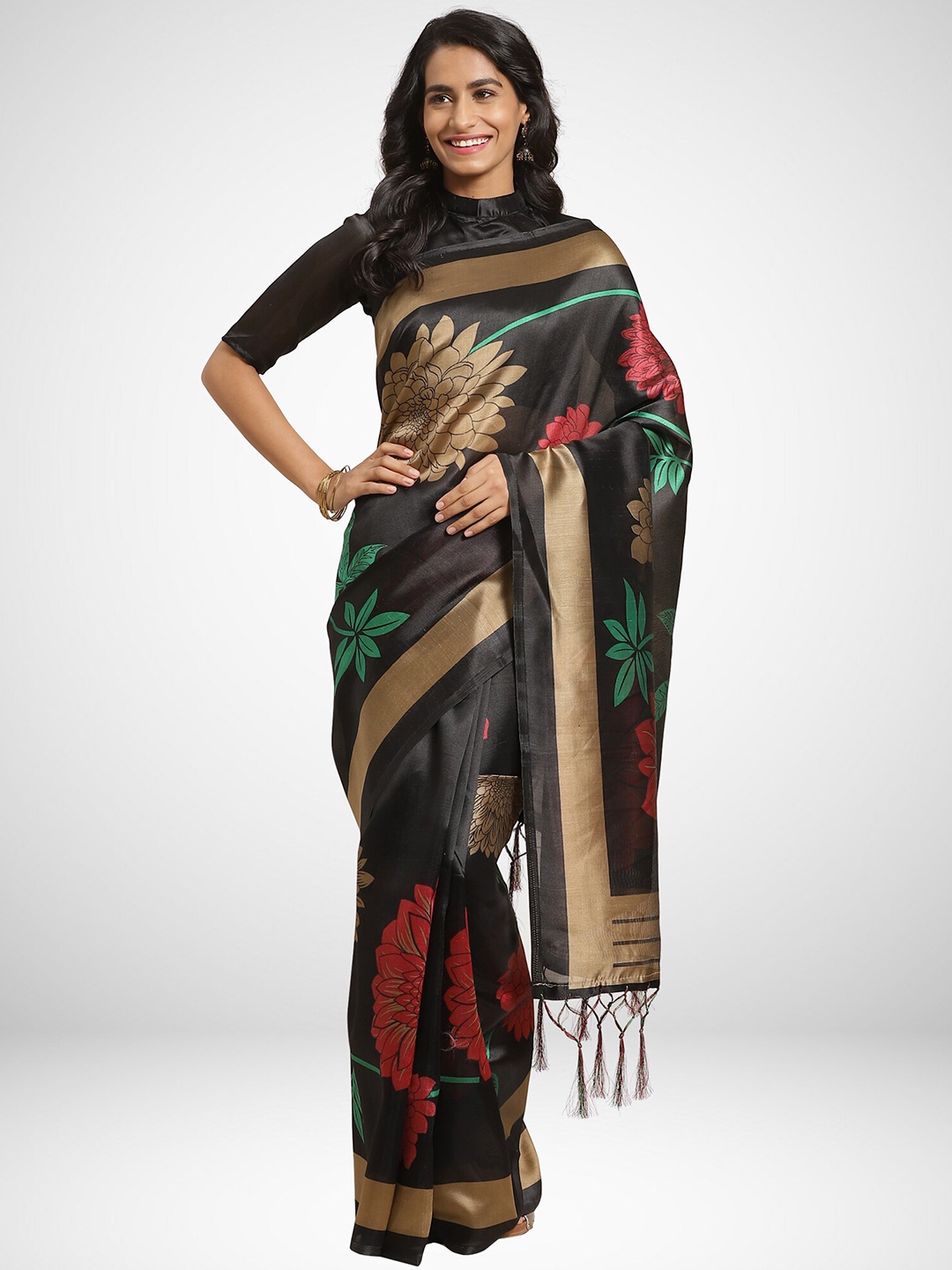 

KALINI Black & Red Floral Printed Art Silk Saree