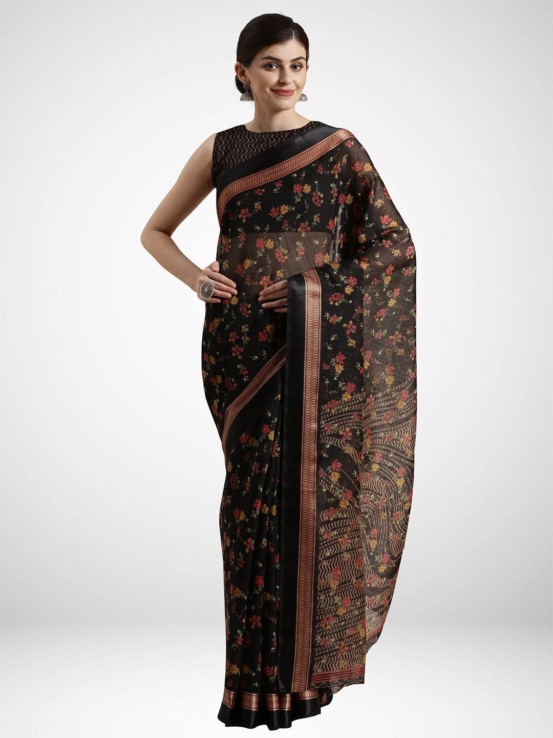 

KALINI Black & Red Floral Printed Silk Cotton Saree