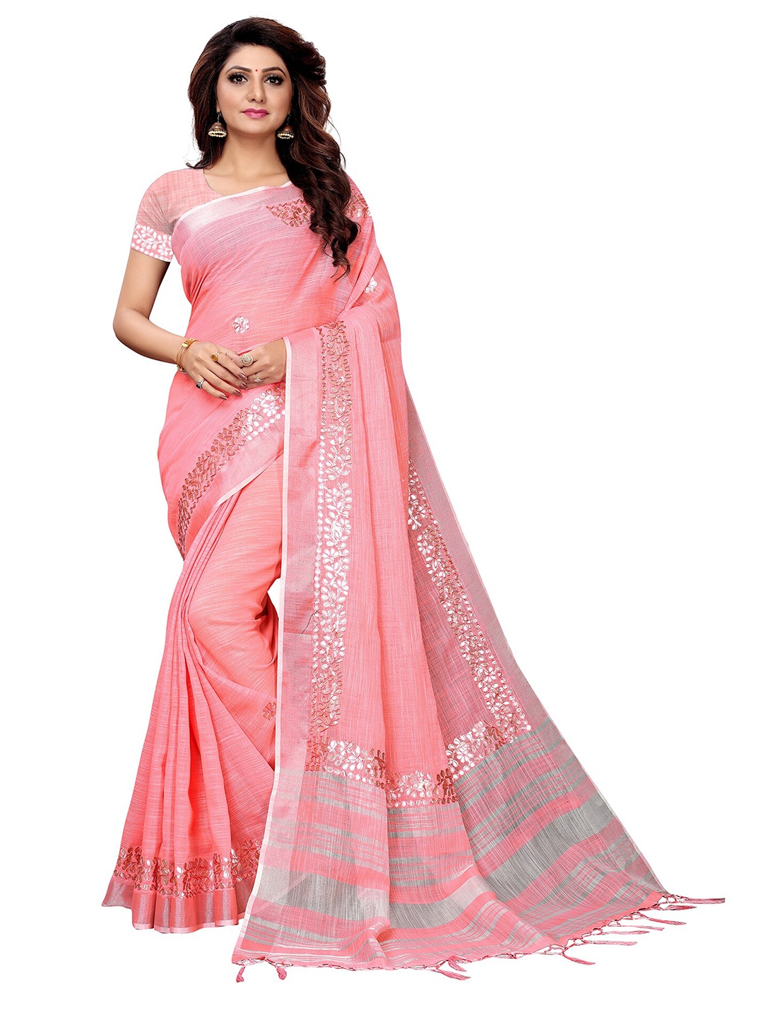 

KALINI Pink & White Embellished Linen Blend Saree
