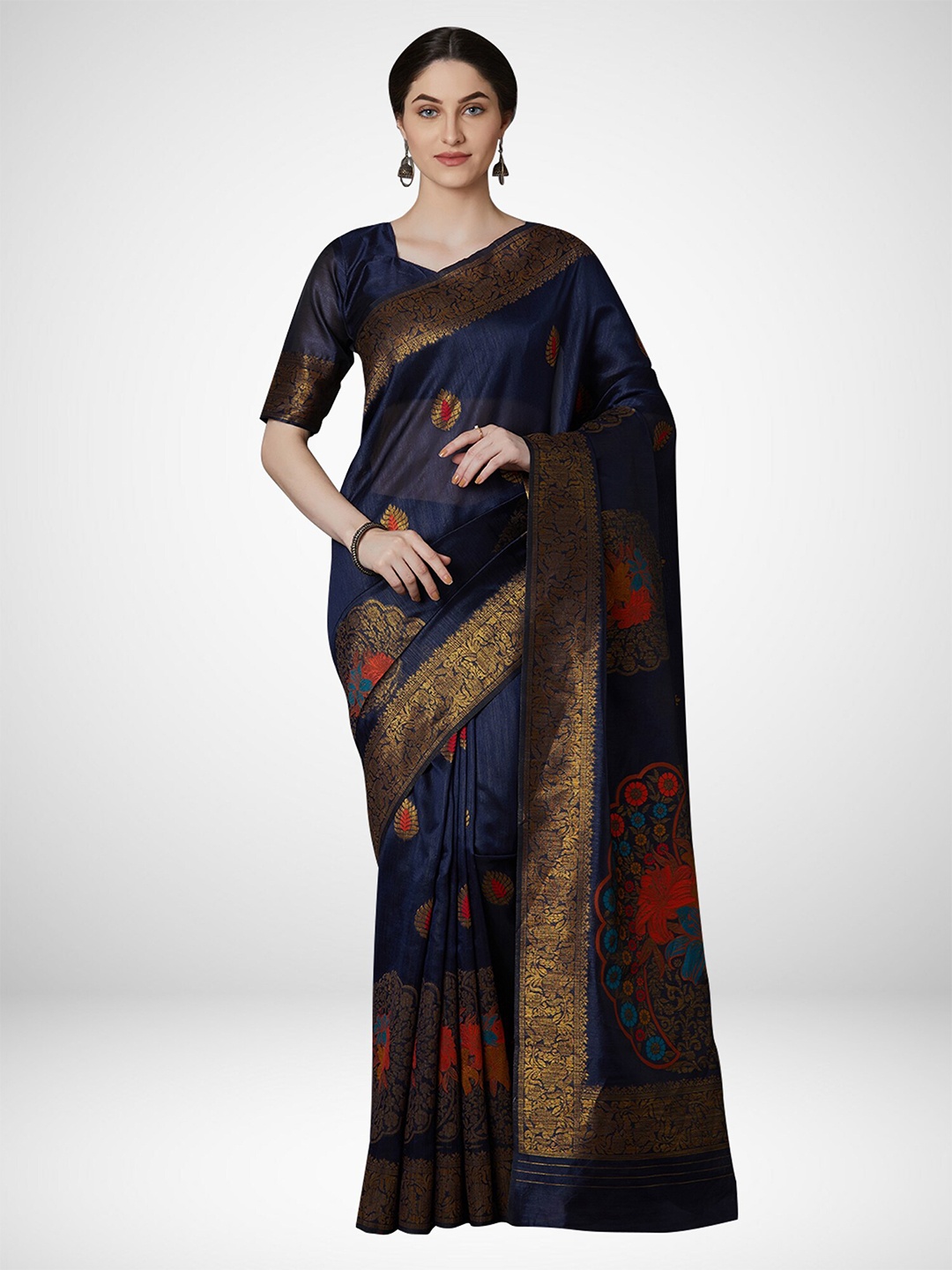 

KALINI Navy Blue & Red Ethnic Motifs Silk Blend Saree