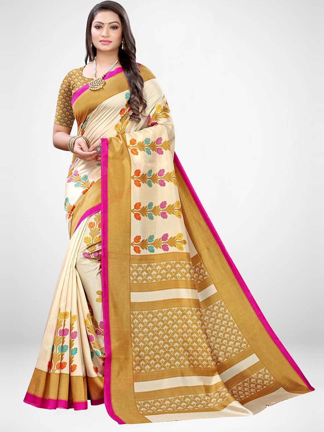 

KALINI Beige & Fuchsia Floral Silk Blend Saree