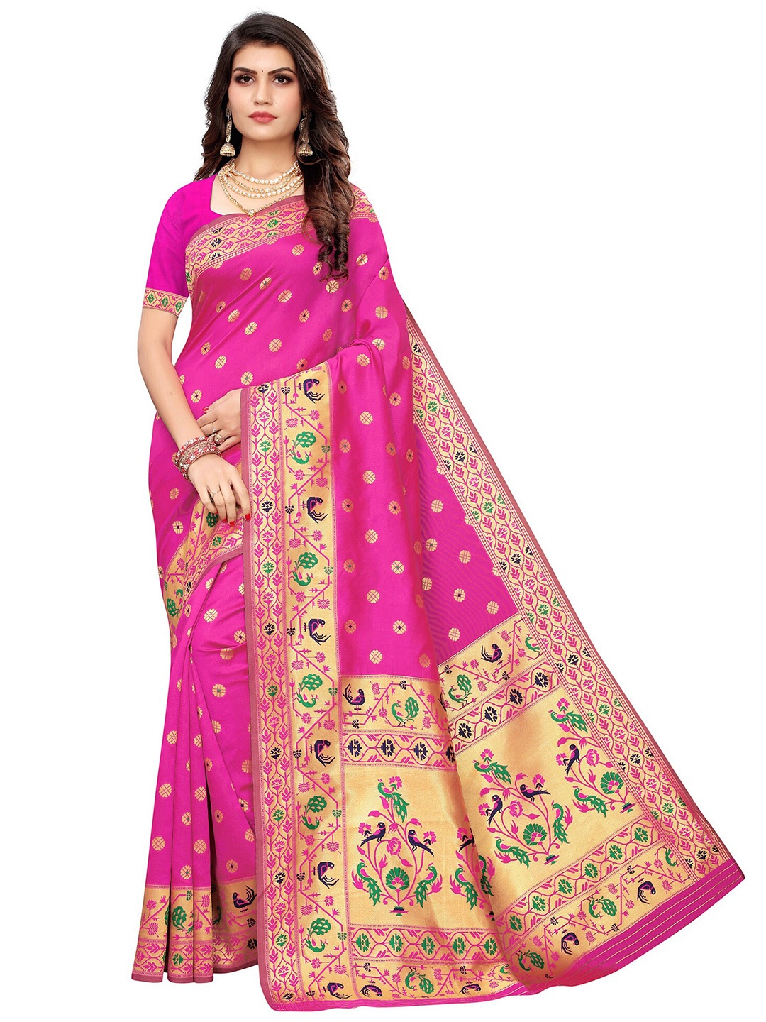 

KALINI Pink & Gold-Toned Ethnic Motifs Zari Silk Blend Saree