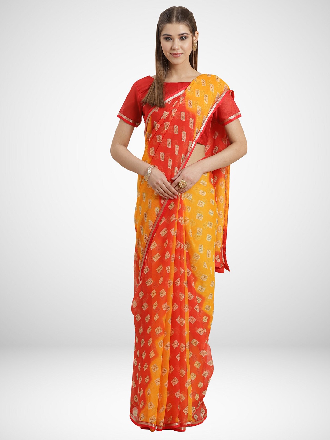 

KALINI Orange & Yellow Bandhani Printed Zari Saree