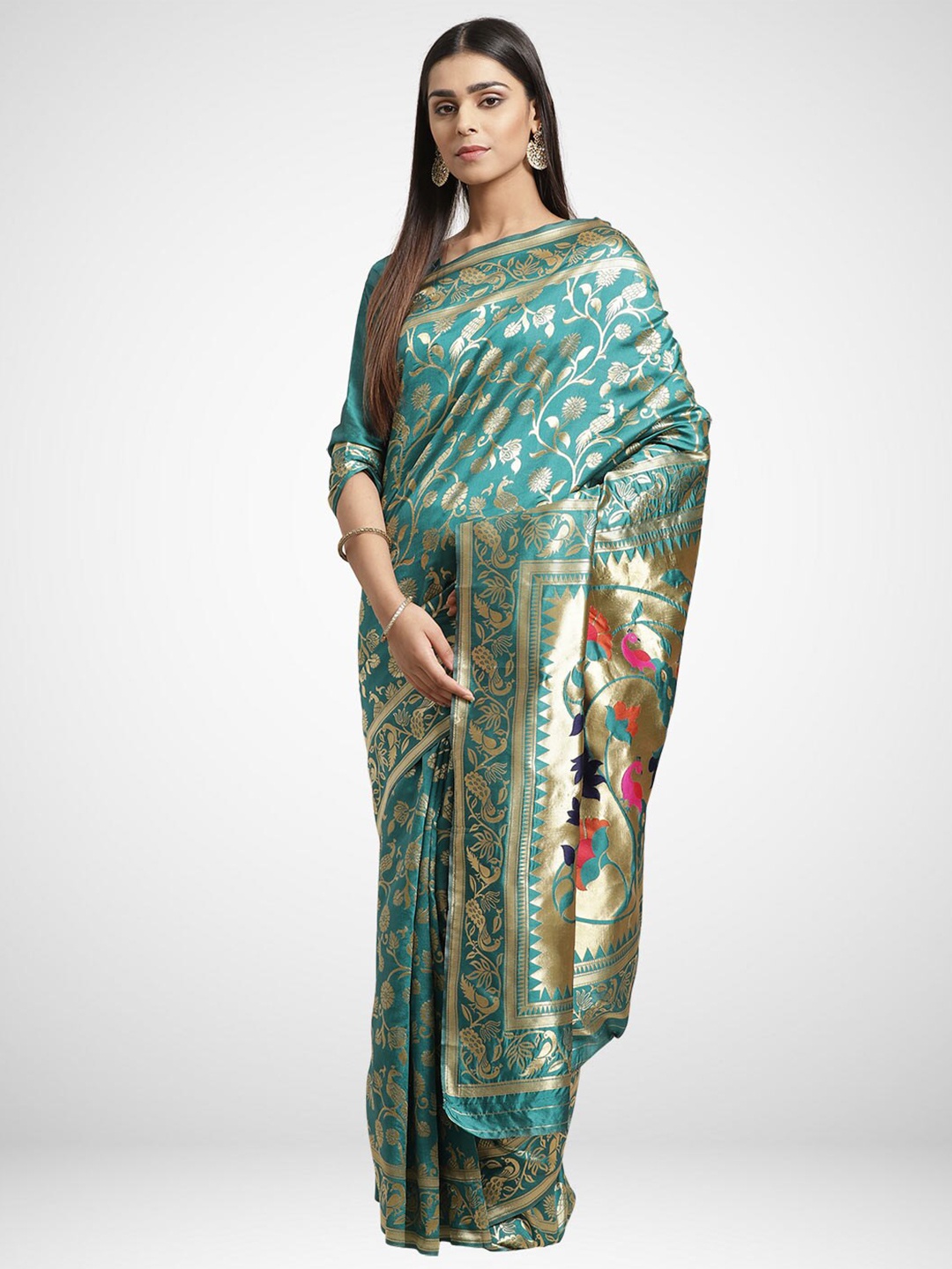 

KALINI Teal Green & Golden Floral Zari Silk Blend Banarasi Saree