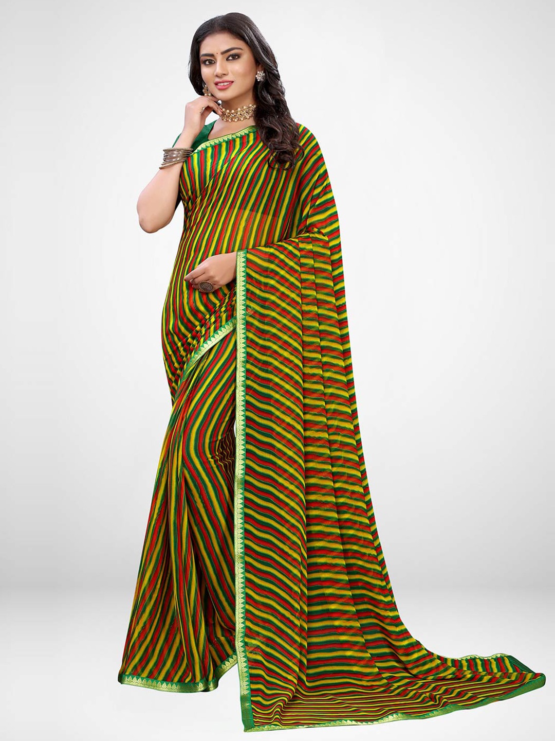 

KALINI Green & Red Leheriya Printed Saree