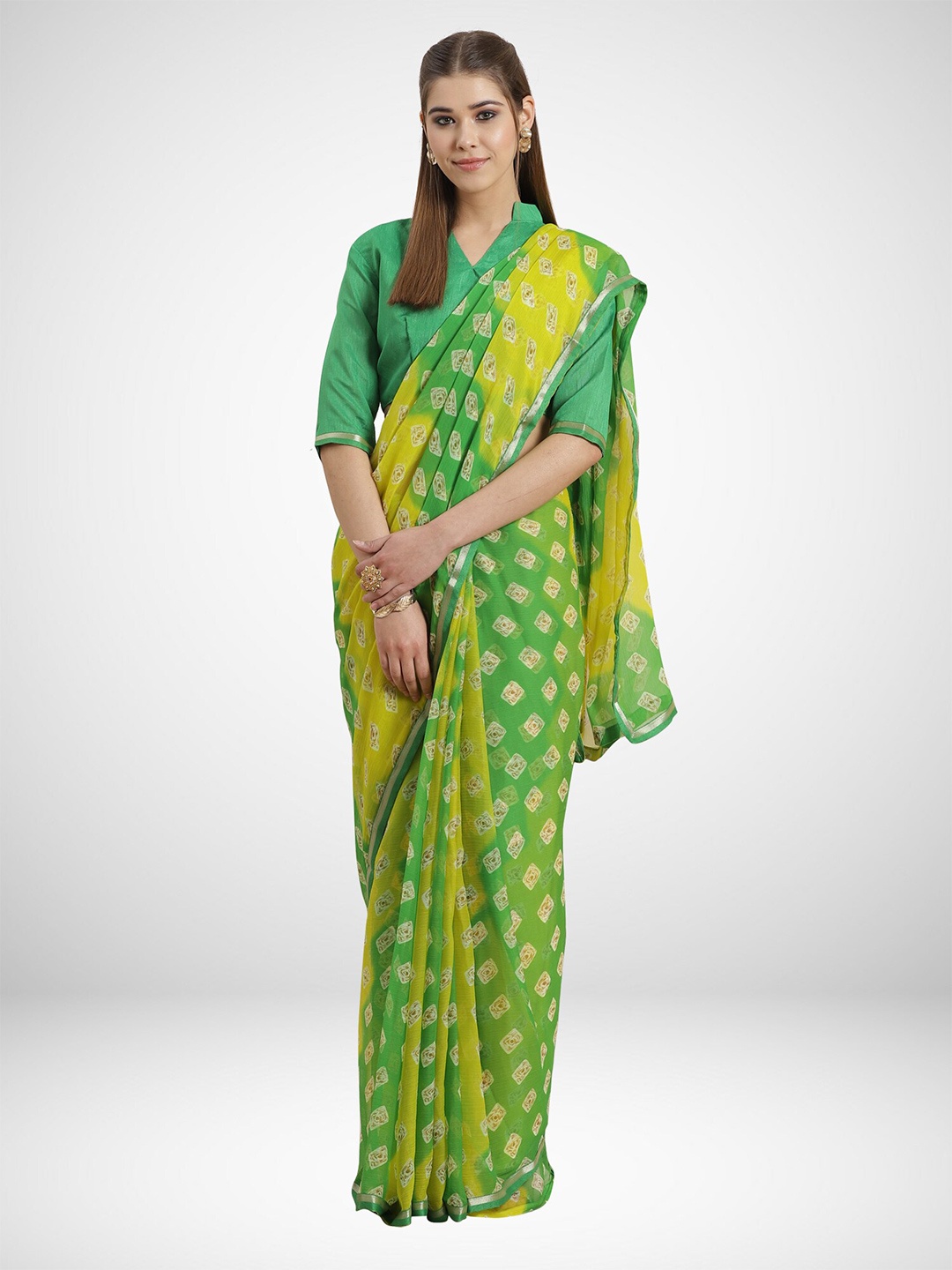 

KALINI Green & Yellow Ethnic Motifs Zari Saree