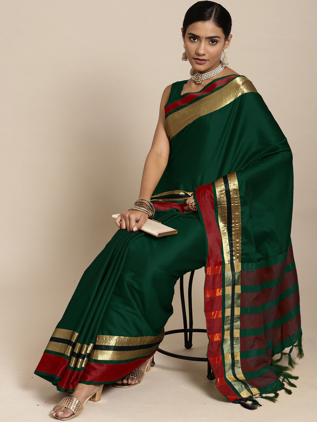 

KALINI Green & Gold-Toned Zari Art Silk Uppada Saree