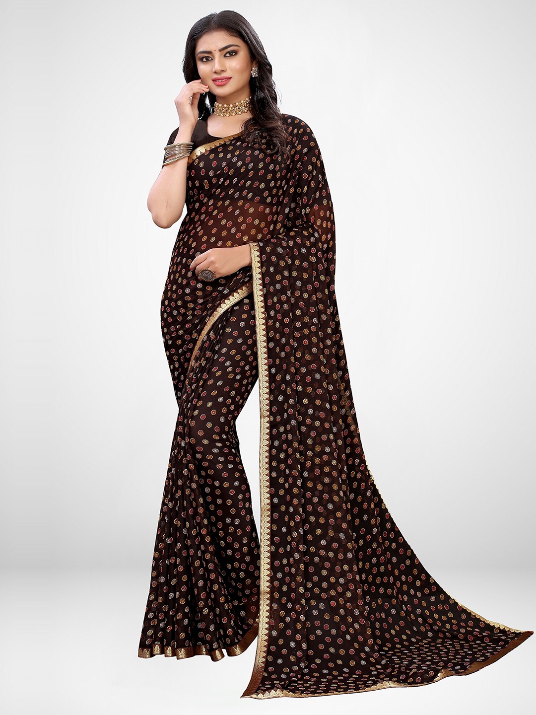 

KALINI Brown & Gold-Toned Zari Saree