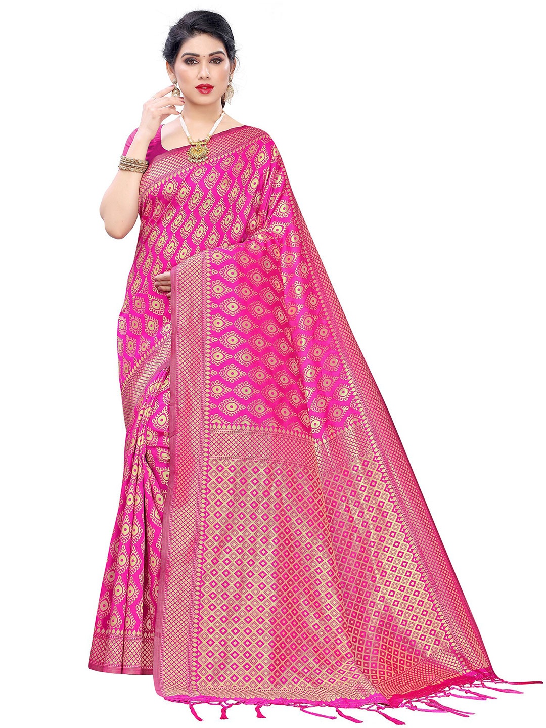

KALINI Pink & Gold-Toned Ethnic Motifs Zari Silk Blend Saree