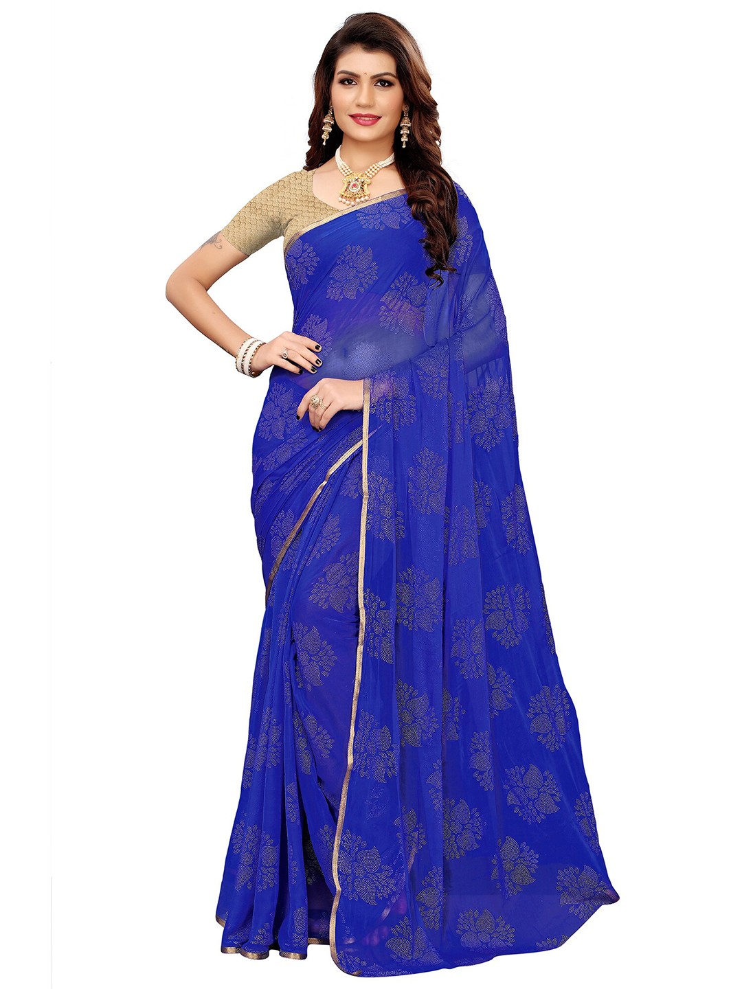 

KALINI Blue & Gold-Toned Floral Printed Zari Saree