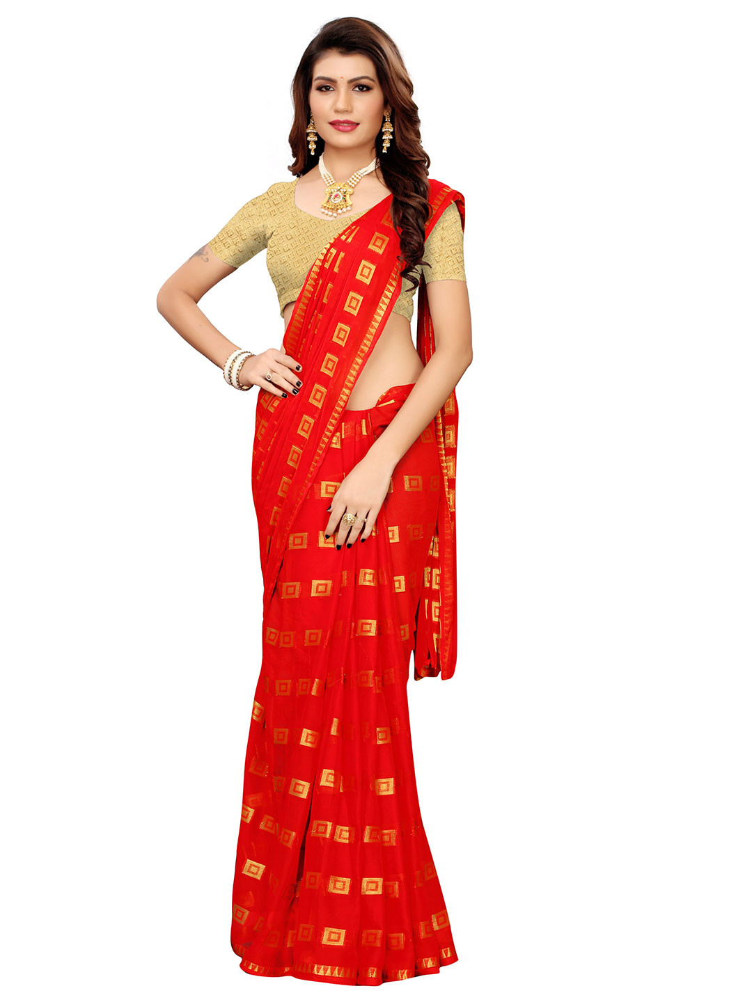 

KALINI Red & Golden Geometric Woven Design Zari Saree