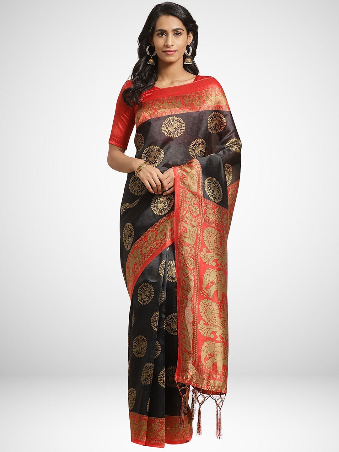 

KALINI Black & Orange Ethnic Motifs Printed Art Silk Saree