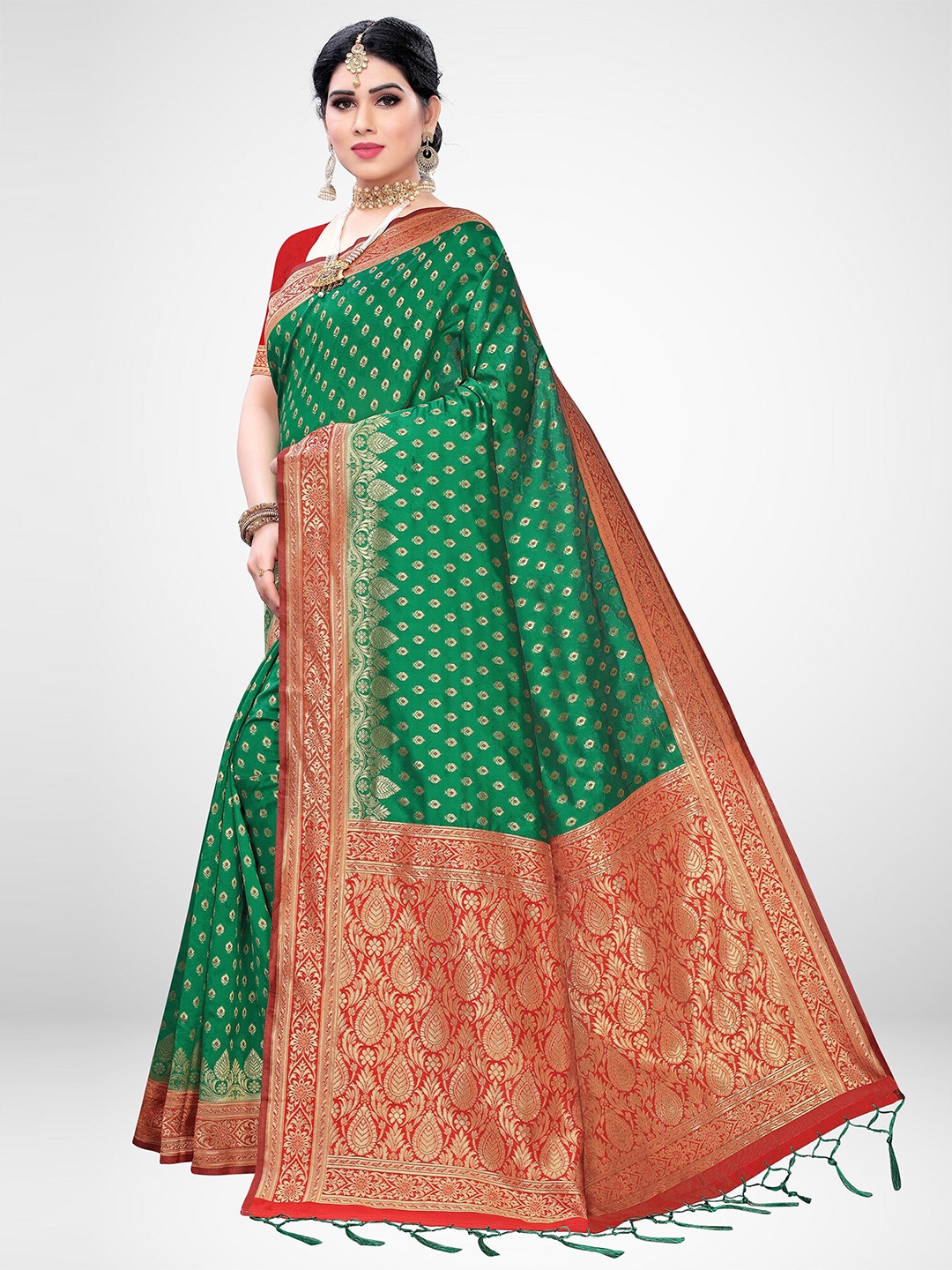 

KALINI Green & Red Ethnic Motifs Zari Silk Blend Banarasi Saree