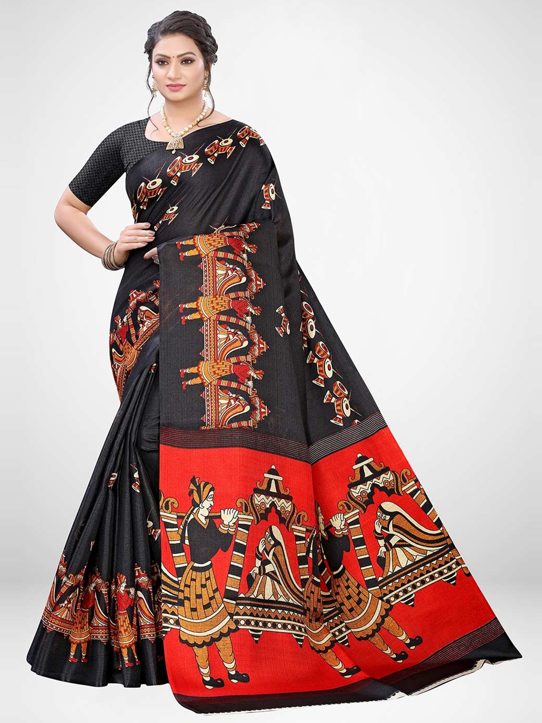 

KALINI Black & Red Warli Printed Art Silk Bhagalpuri Saree