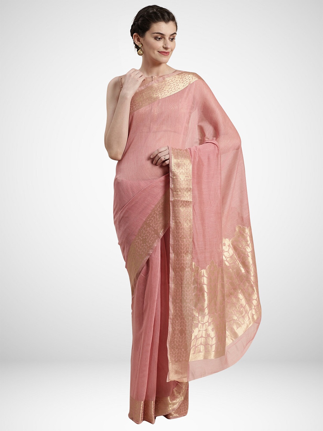 

KALINI Pink & Golden Zari Linen Blend Saree