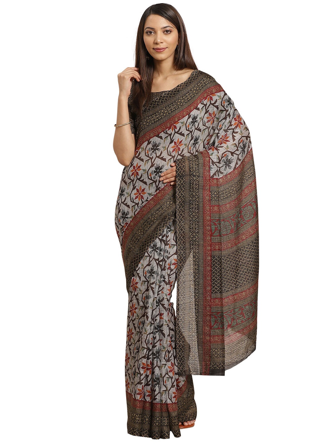 

KALINI Grey & Red Floral Silk Blend Saree