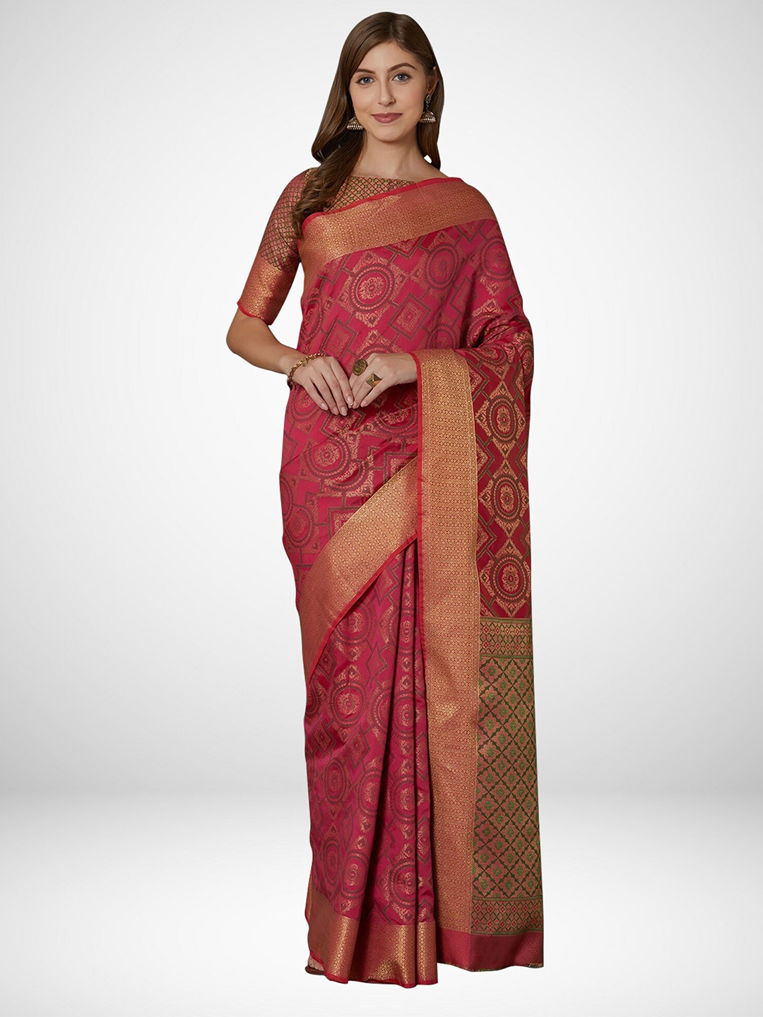

KALINI Fuchsia & Golden Ethnic Motifs Zari Silk Blend Saree