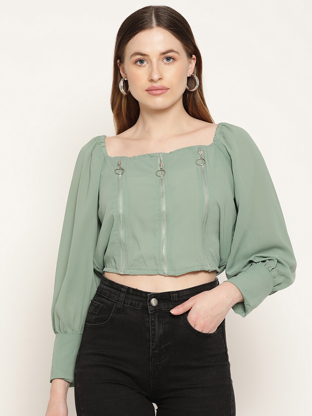 

Miaz Lifestyle Sage Green Solid Cuffed Sleeves Crop Top