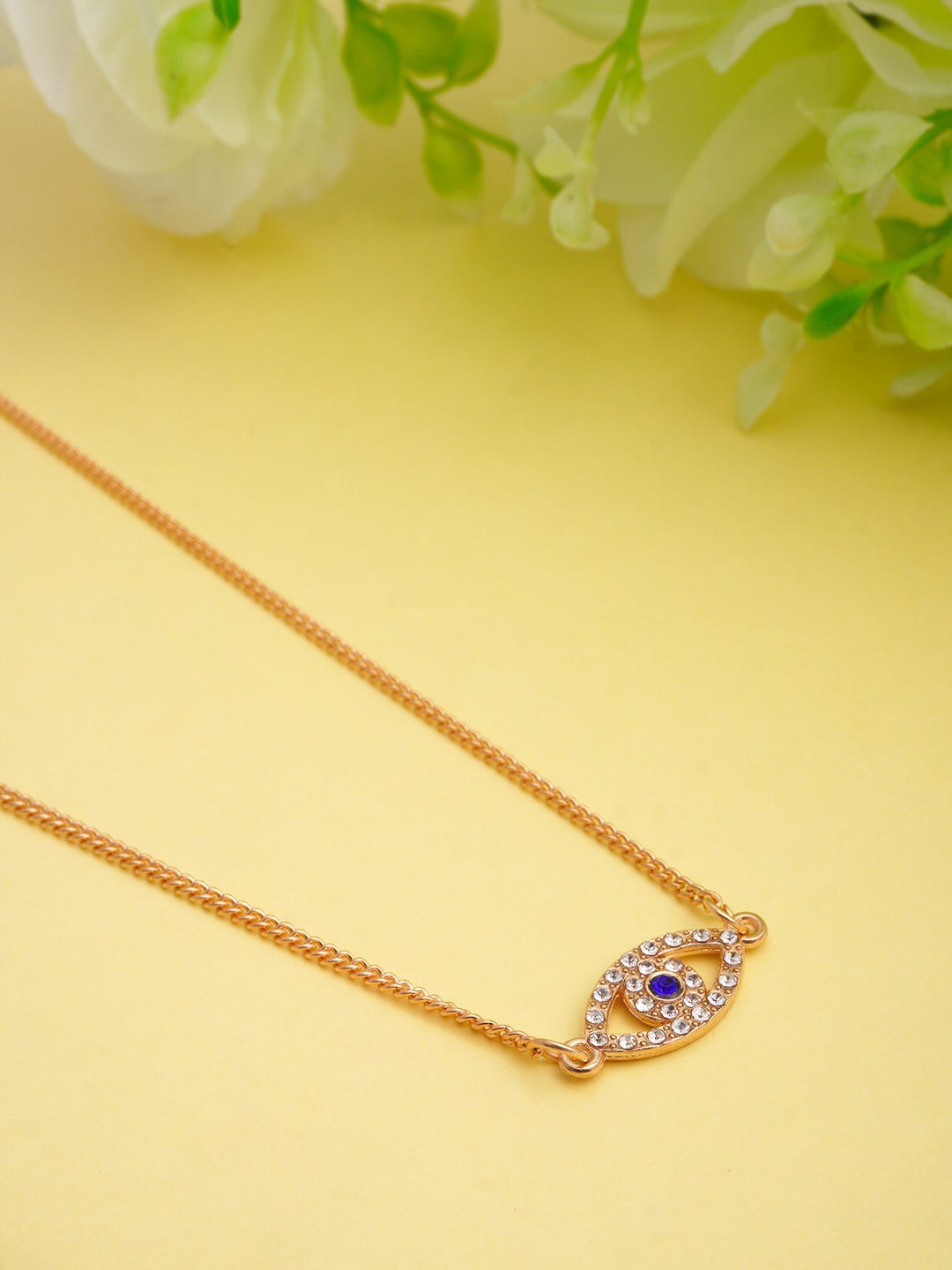 

Ferosh Gold-Toned, Blue & White Stone Studded Evil Eye Shaped Pendant With Chain
